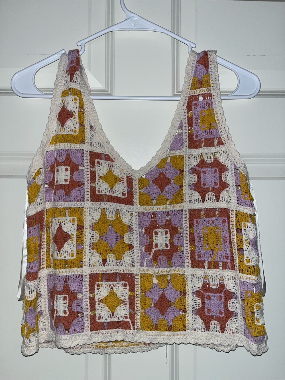 Rebellion Crochet Square-Block Tank Top in White, Mustard & Mauve